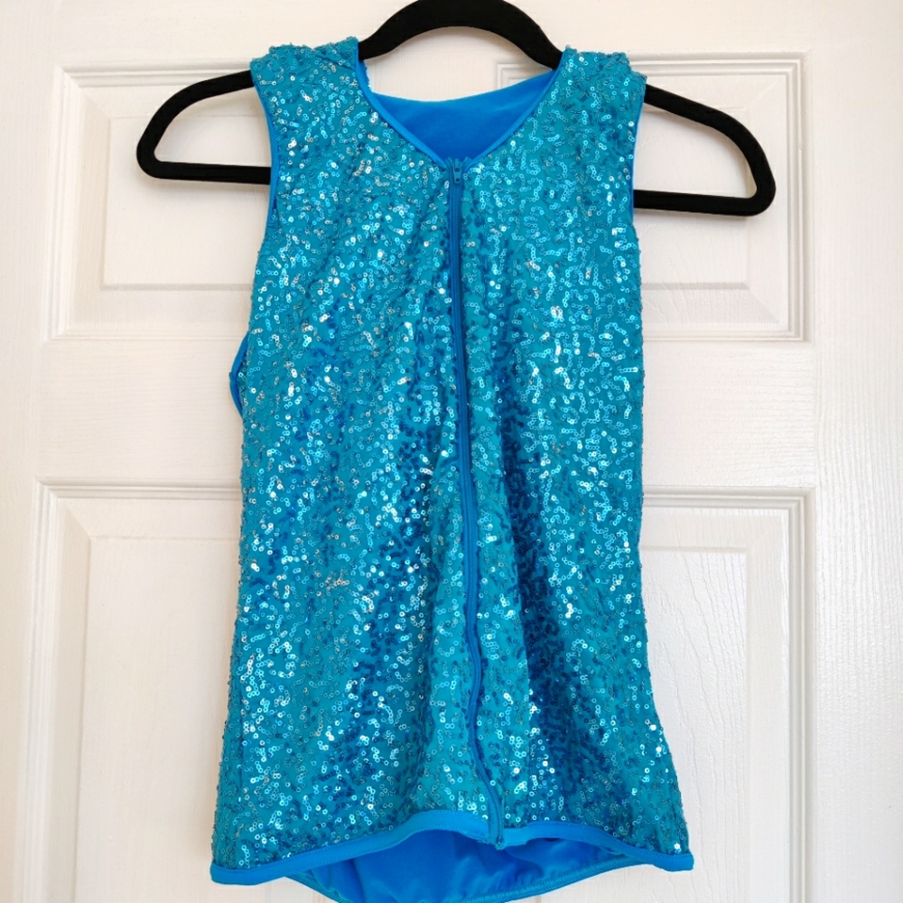 Sequin bright blue tank top with hood and zipper